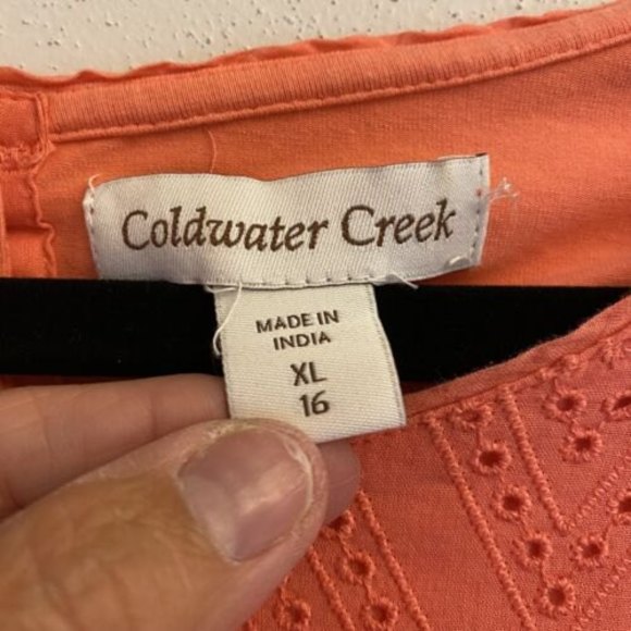 Coldwater Creek Coral Orange Eyelet Button Back Top Size XL 3/4 Length Sleeve - Picture 3 of 8